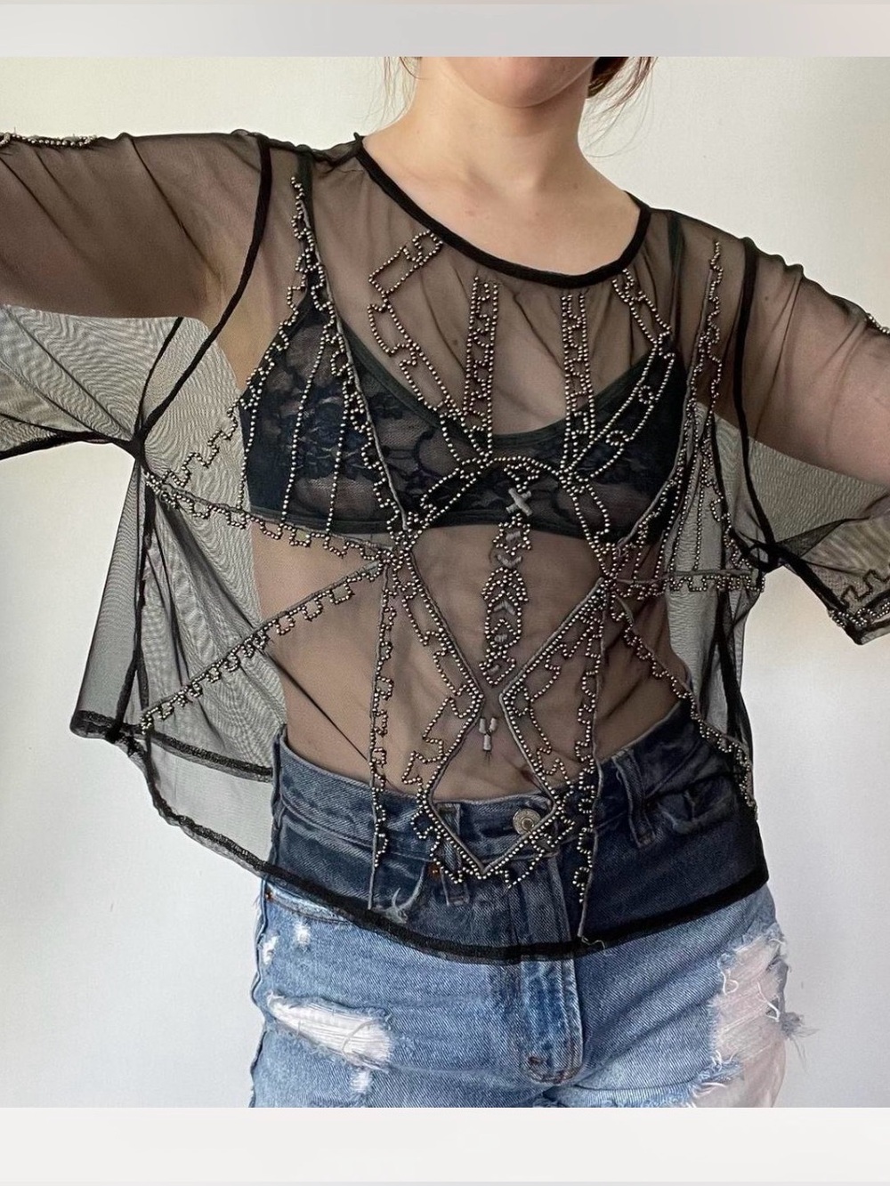 Rare Abercrombie & Fitch Y2K Sheer Beaded Mesh Top Whimsy Goth Fairycore M